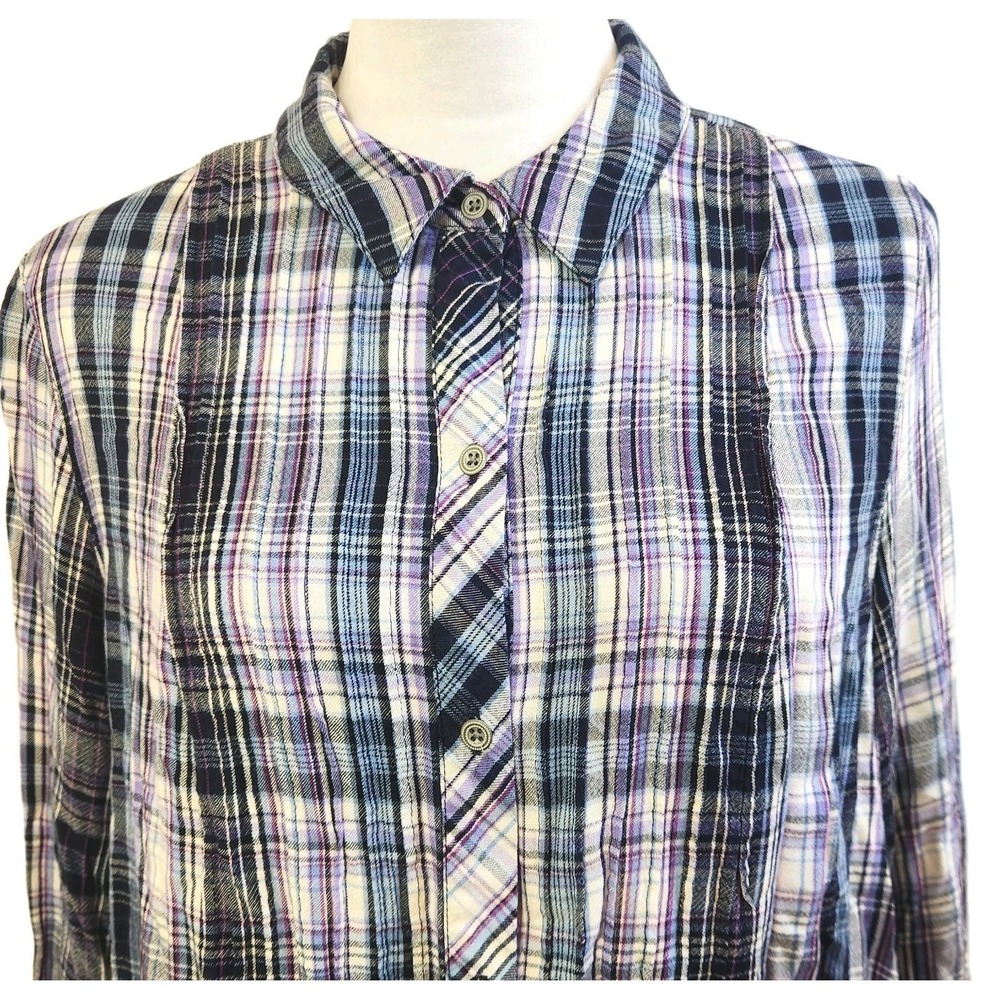 J Jill Womens Button Down Shirt Size 1X Purple & Blue Plaid Soft Comfy Tunic Top